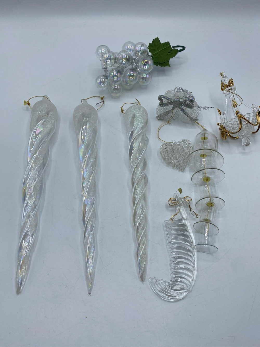 Blown Glass Icicles Ornaments Assorted Clear Glass Holiday Grapes Bell Heart Lot